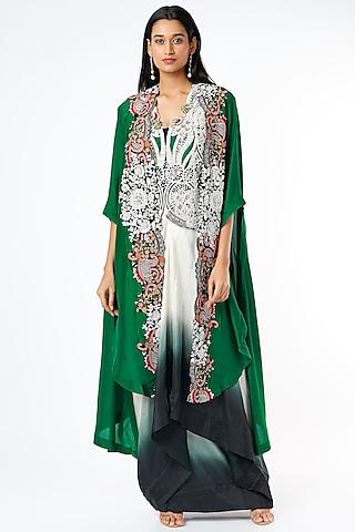 green embroidered cape set