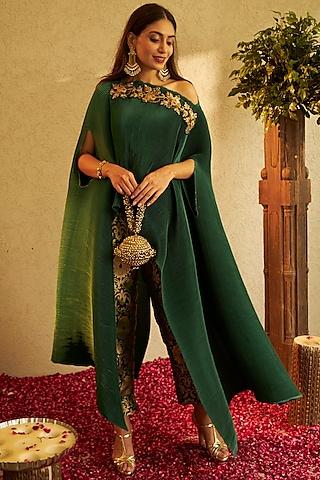 green embroidered cape set