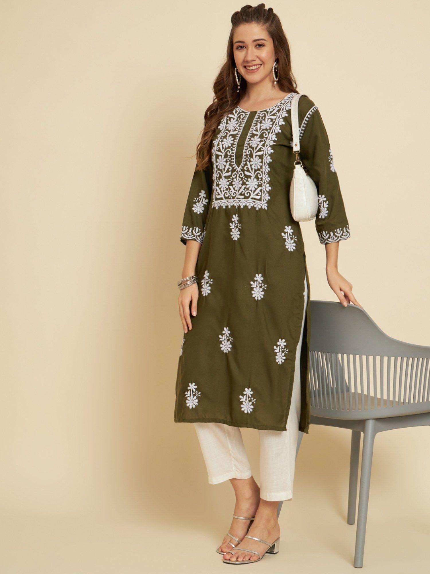 green embroidered cotton chikankari straight kurta