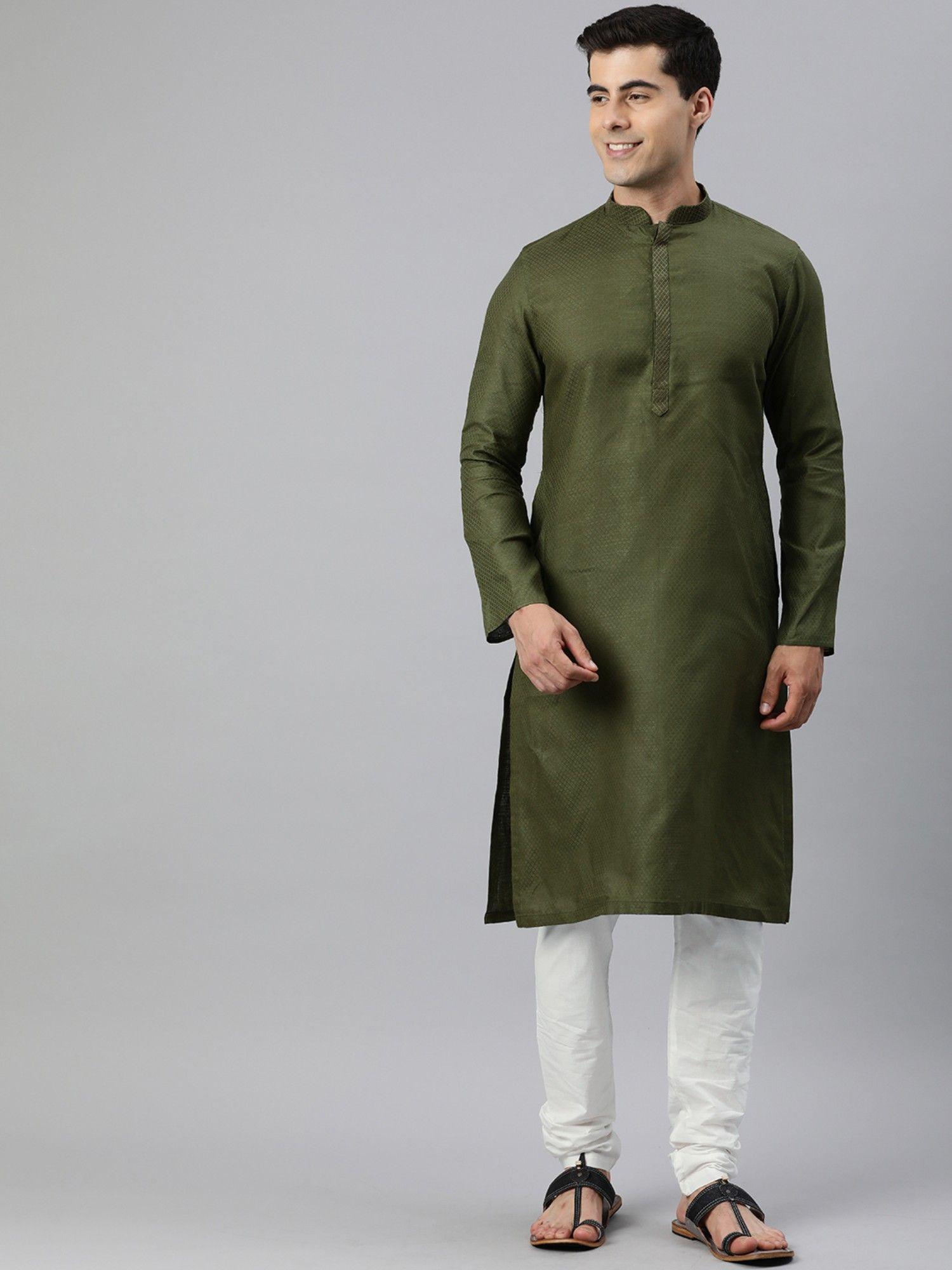 green embroidered cotton full sleeves kurta (set of 2)