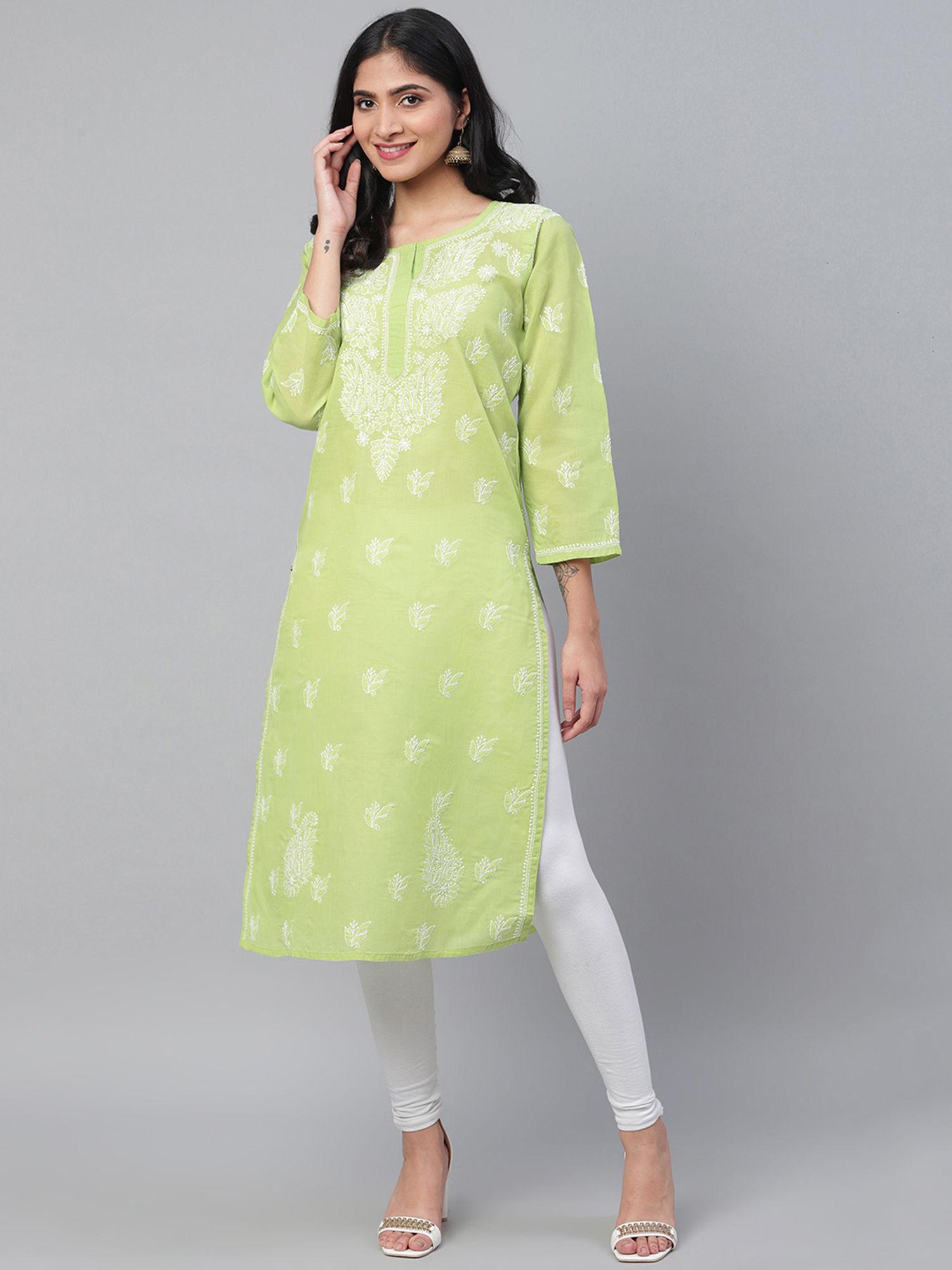 green embroidered cotton lucknow chikan kurta (xs) (a231437)