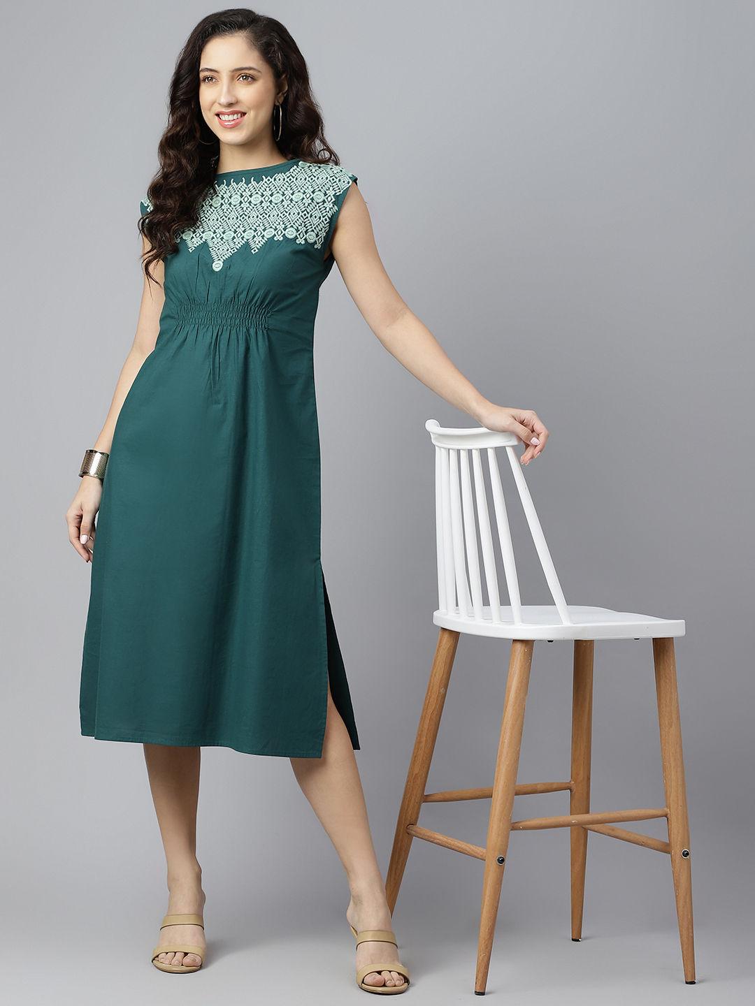 green embroidered ethnic motifs pleated fit and flare dress