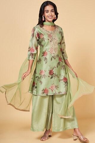 green embroidered ethnic round neck 3/4th sleeves knee length women regular fit pant kurta dupatta set