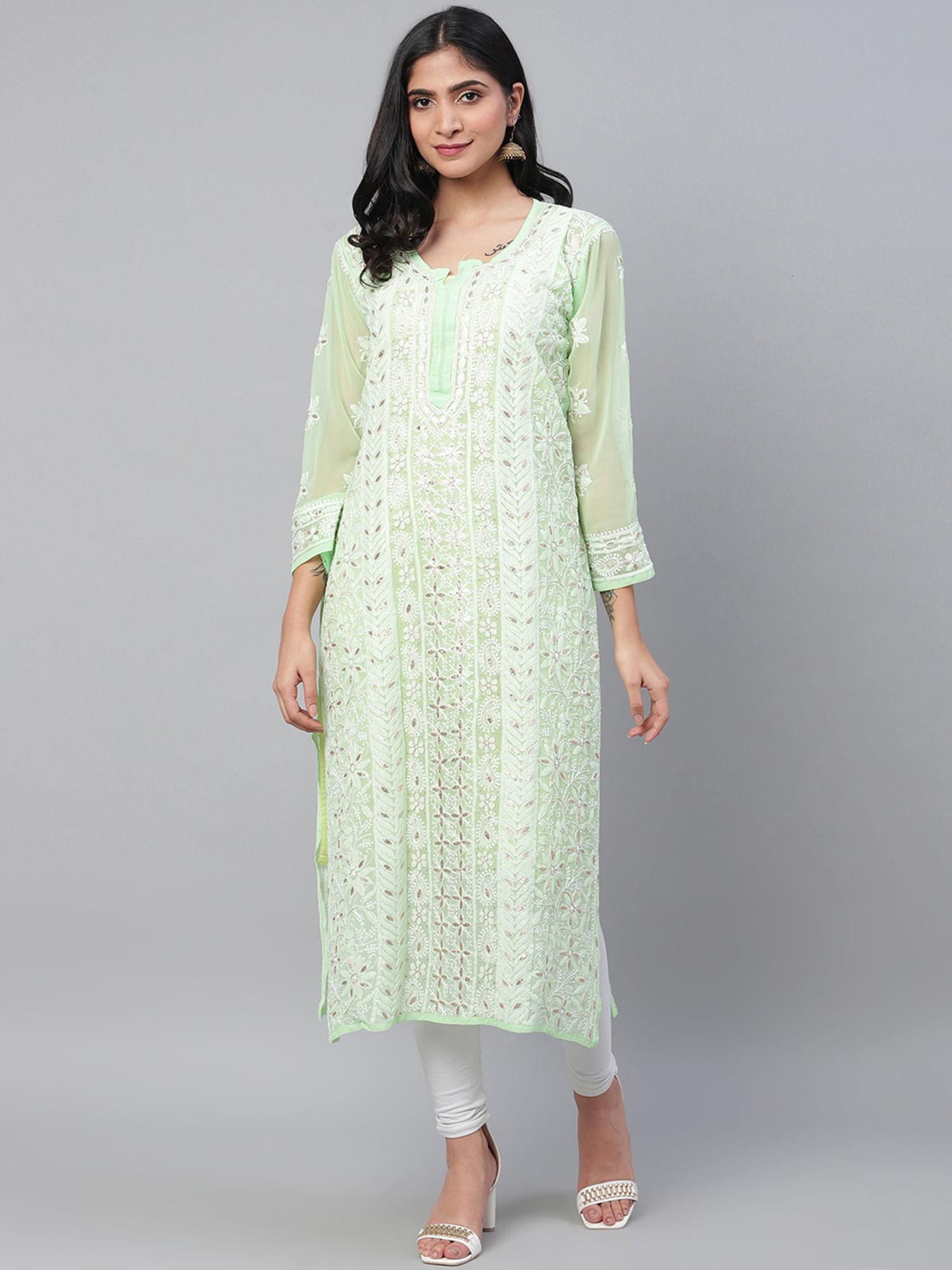 green embroidered georgette lucknow chikan kurta with slip (set of 2) (xs) (a411110)