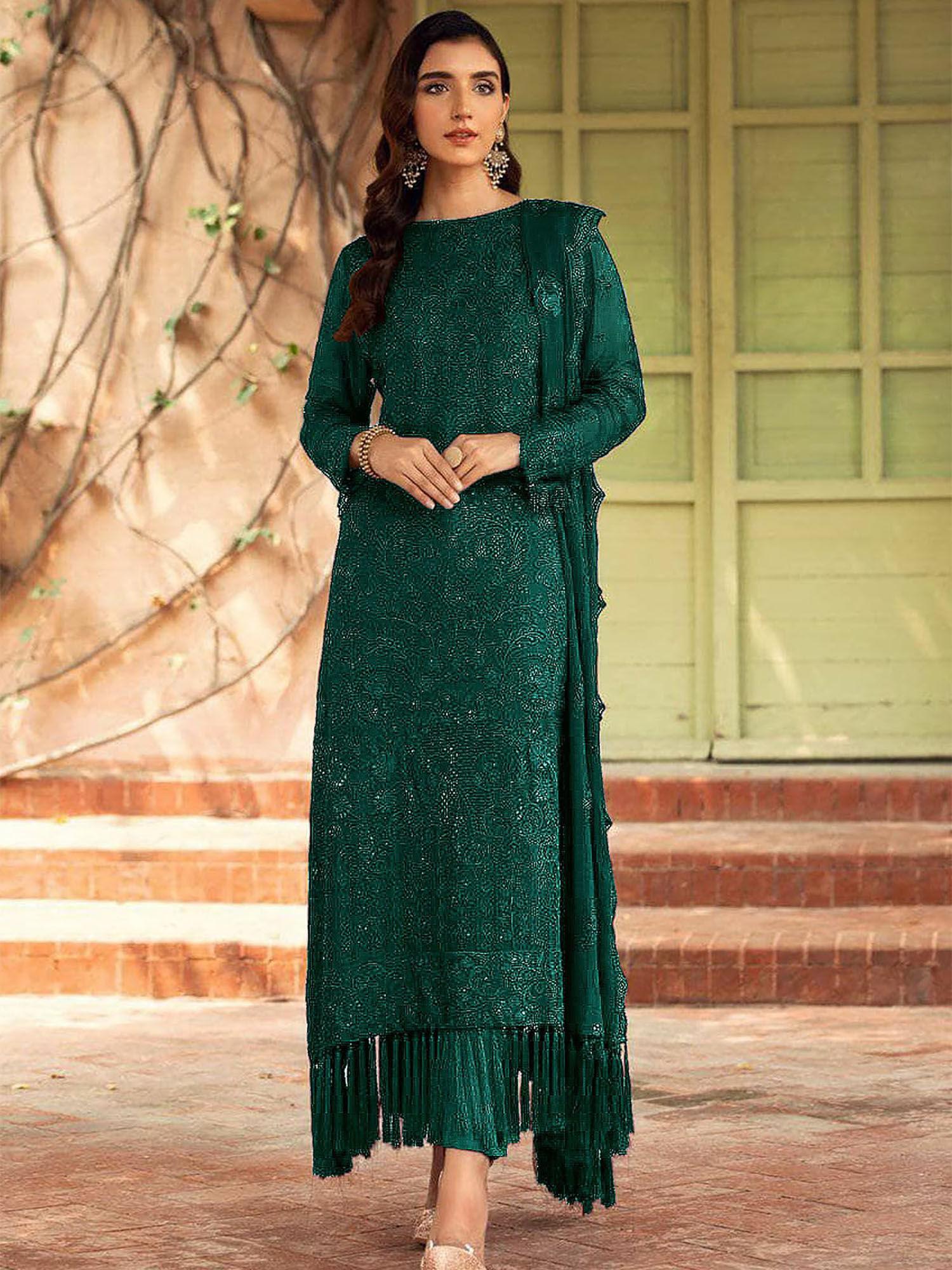 green embroidered georgette semi stitched dress material (set of 3)