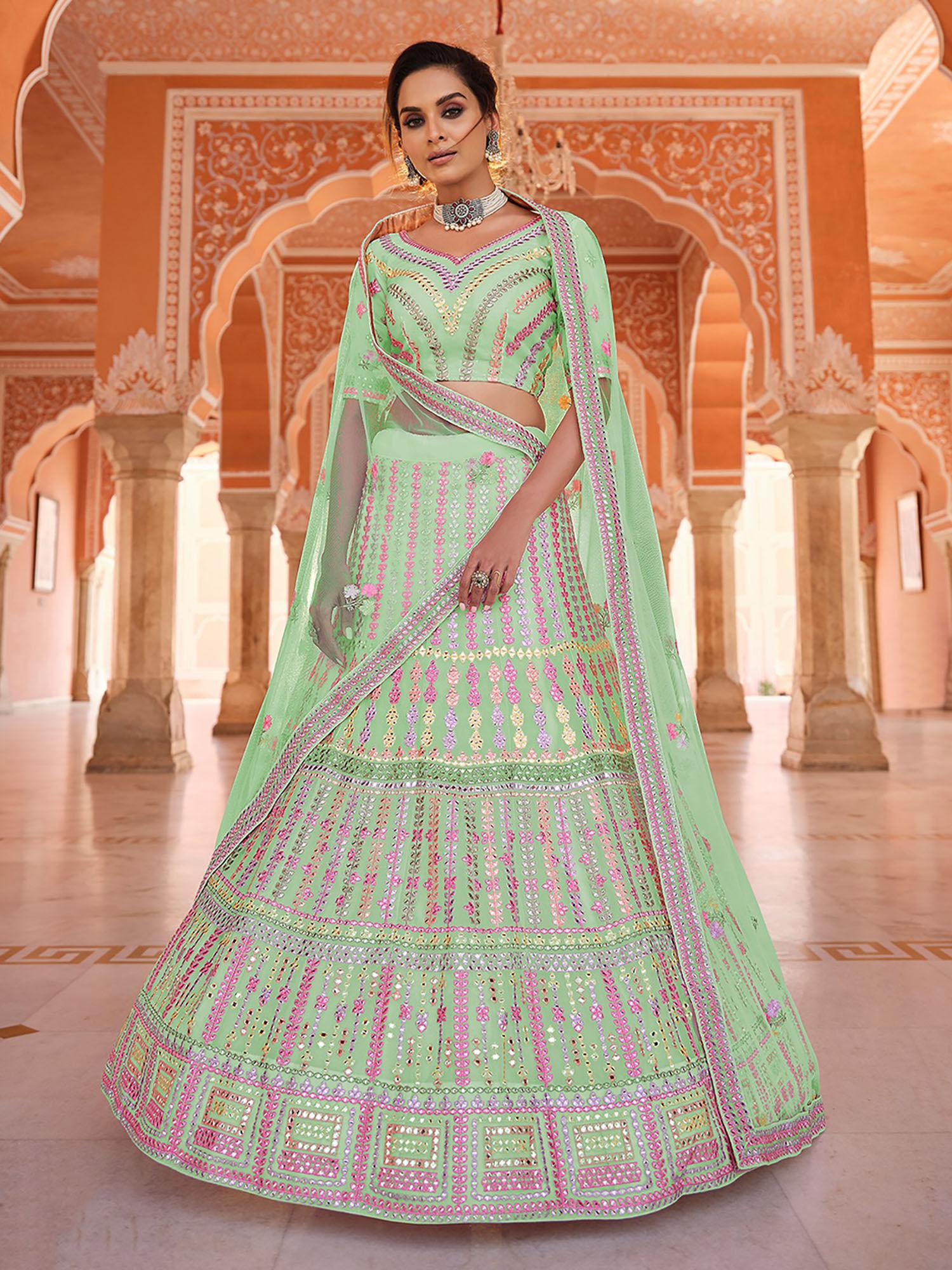 green embroidered georgette semi stitched lehenga with unstitched blouse (set of 3)