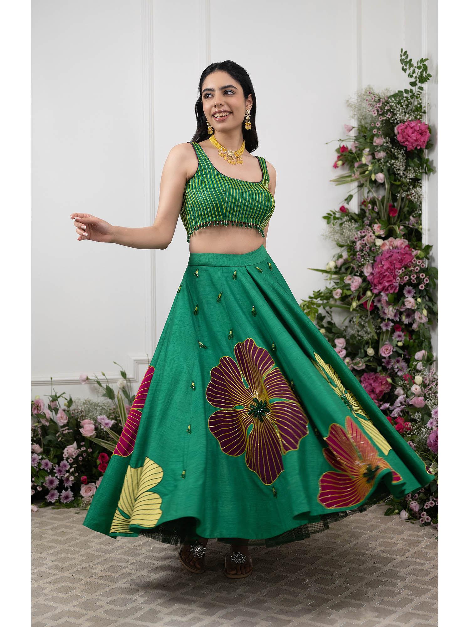 green embroidered half lehenga and blouse (set of 2)