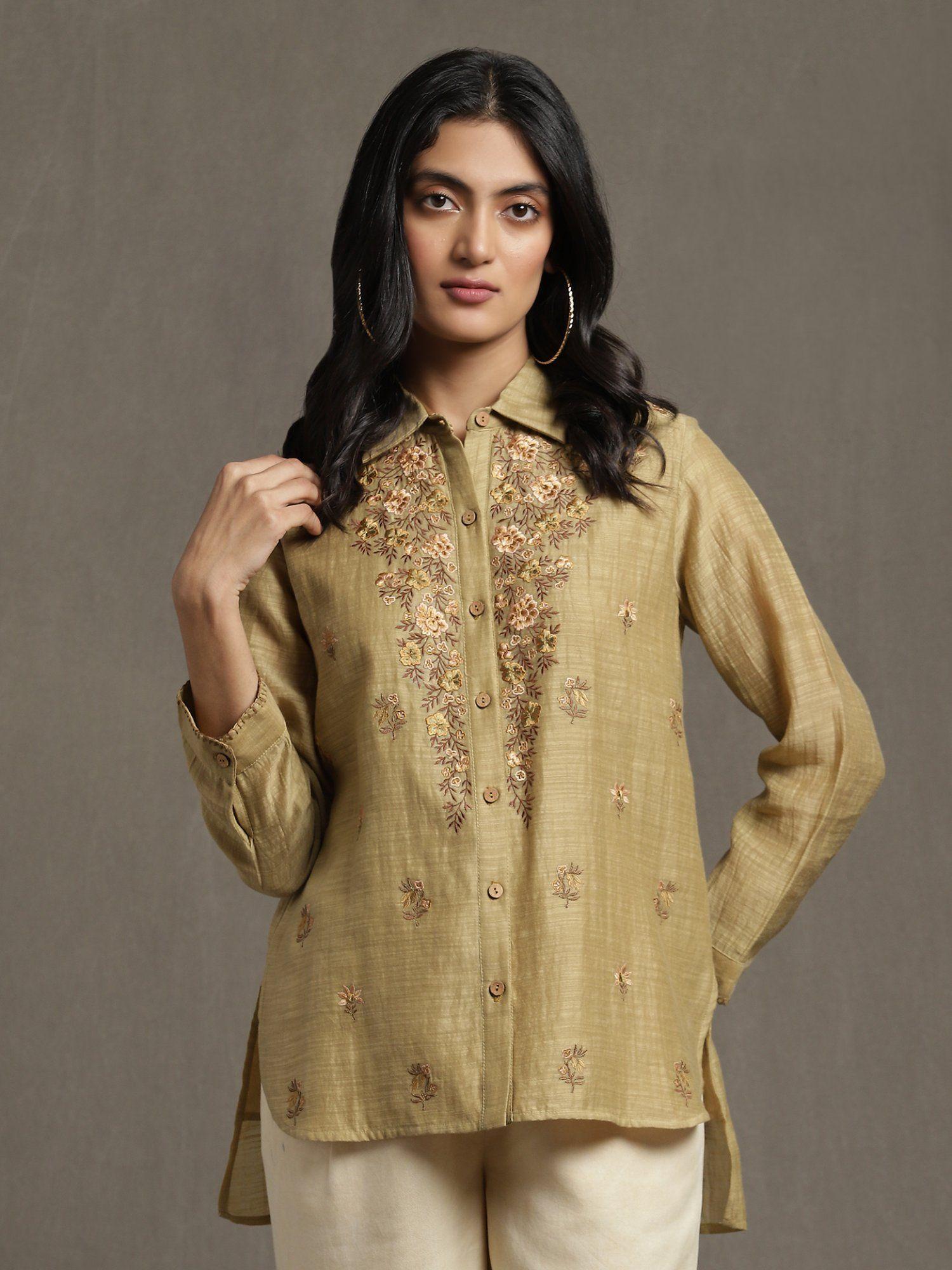 green embroidered high-low button down kurti