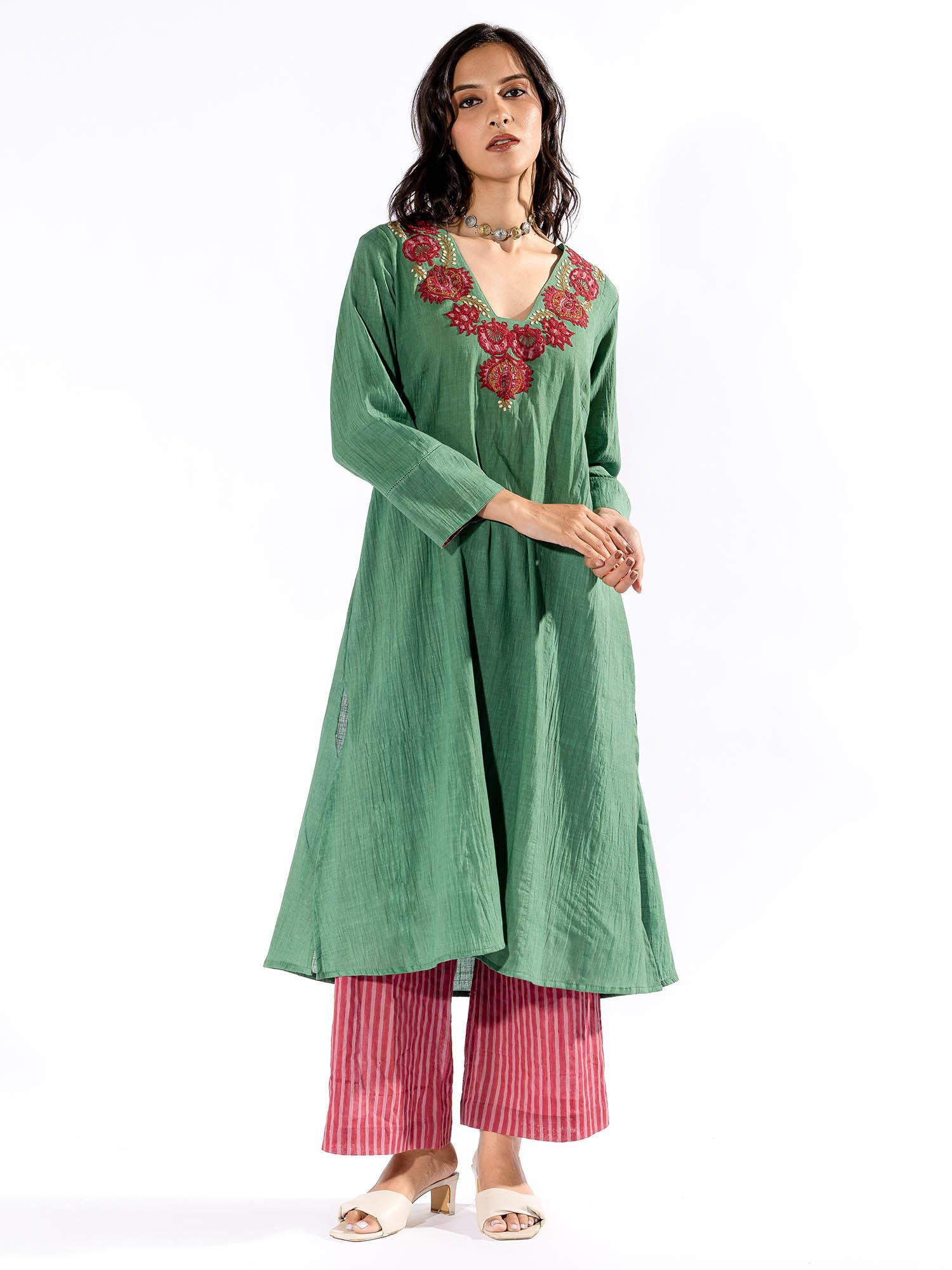 green embroidered kurta & cotton pant (set of 2)