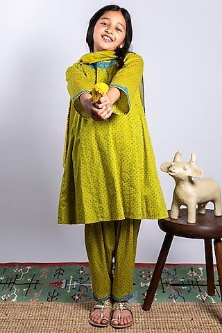 green embroidered kurta set for girls