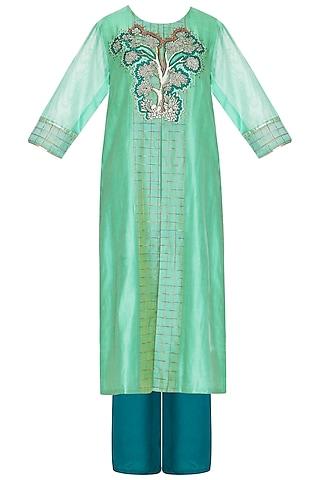 green embroidered kurta set