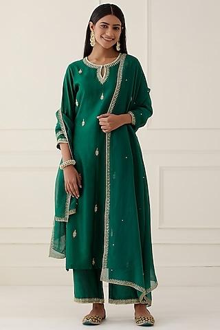 green embroidered kurta set