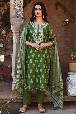 green embroidered kurta set