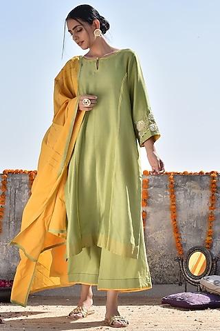 green embroidered kurta set