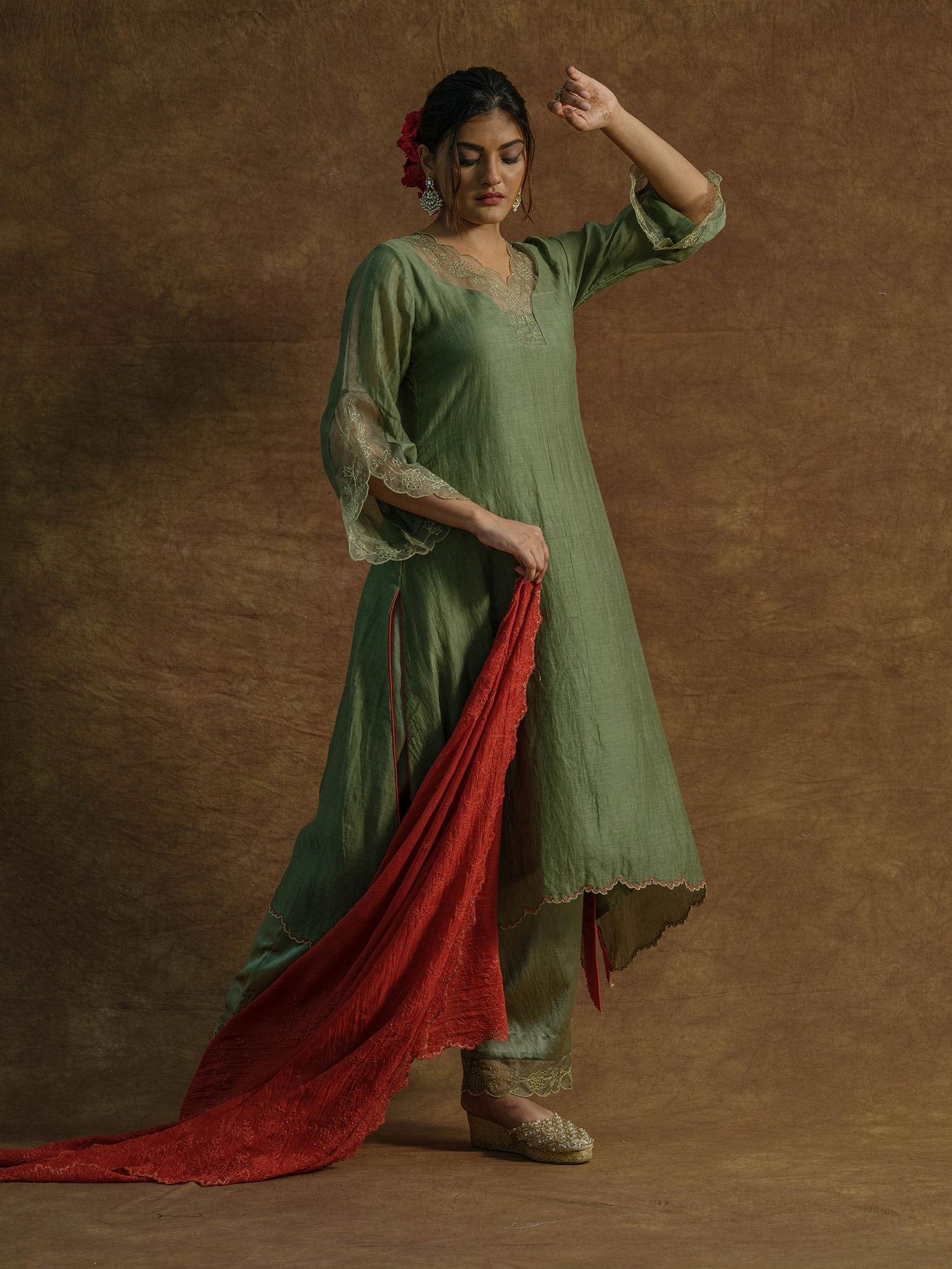 green embroidered kurta with palazzo pants & dupatta (set of 3)