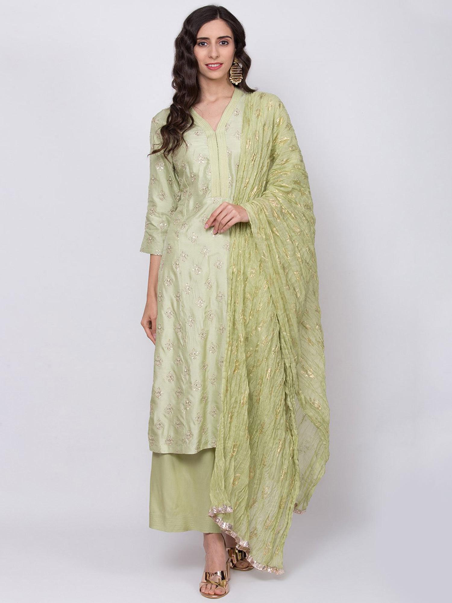 green embroidered kurta with palazzos & dupatta (set of 3)