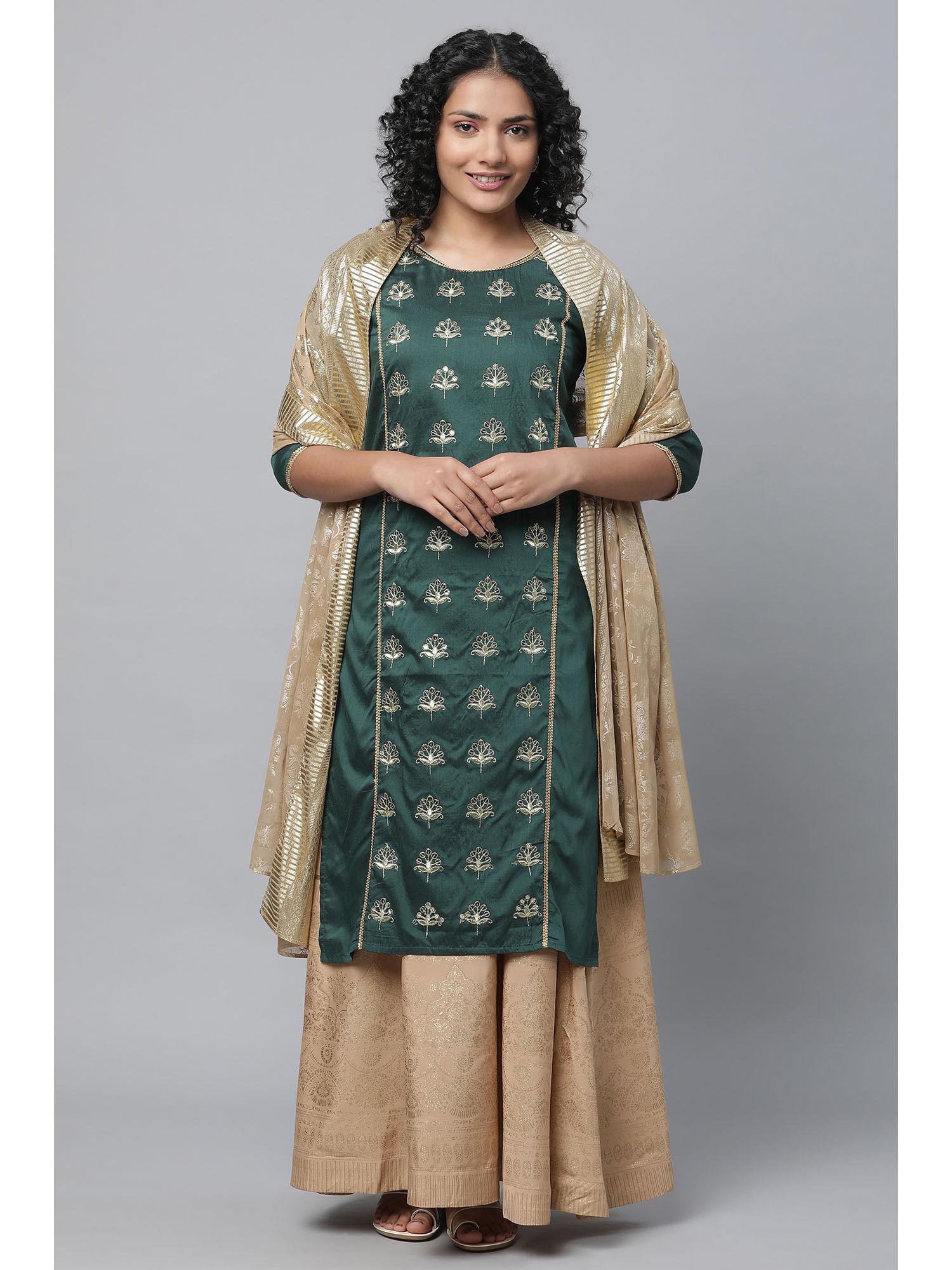 green embroidered kurta with skirt and dupatta (set of 3)