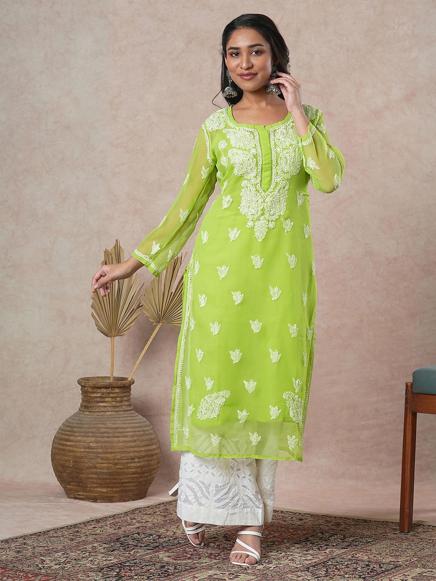 green embroidered kurta with slip inside (xs) (a411130)