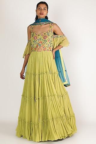green embroidered layered gown with dupatta