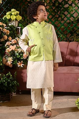 green embroidered nehru jacket with kurta set for boys