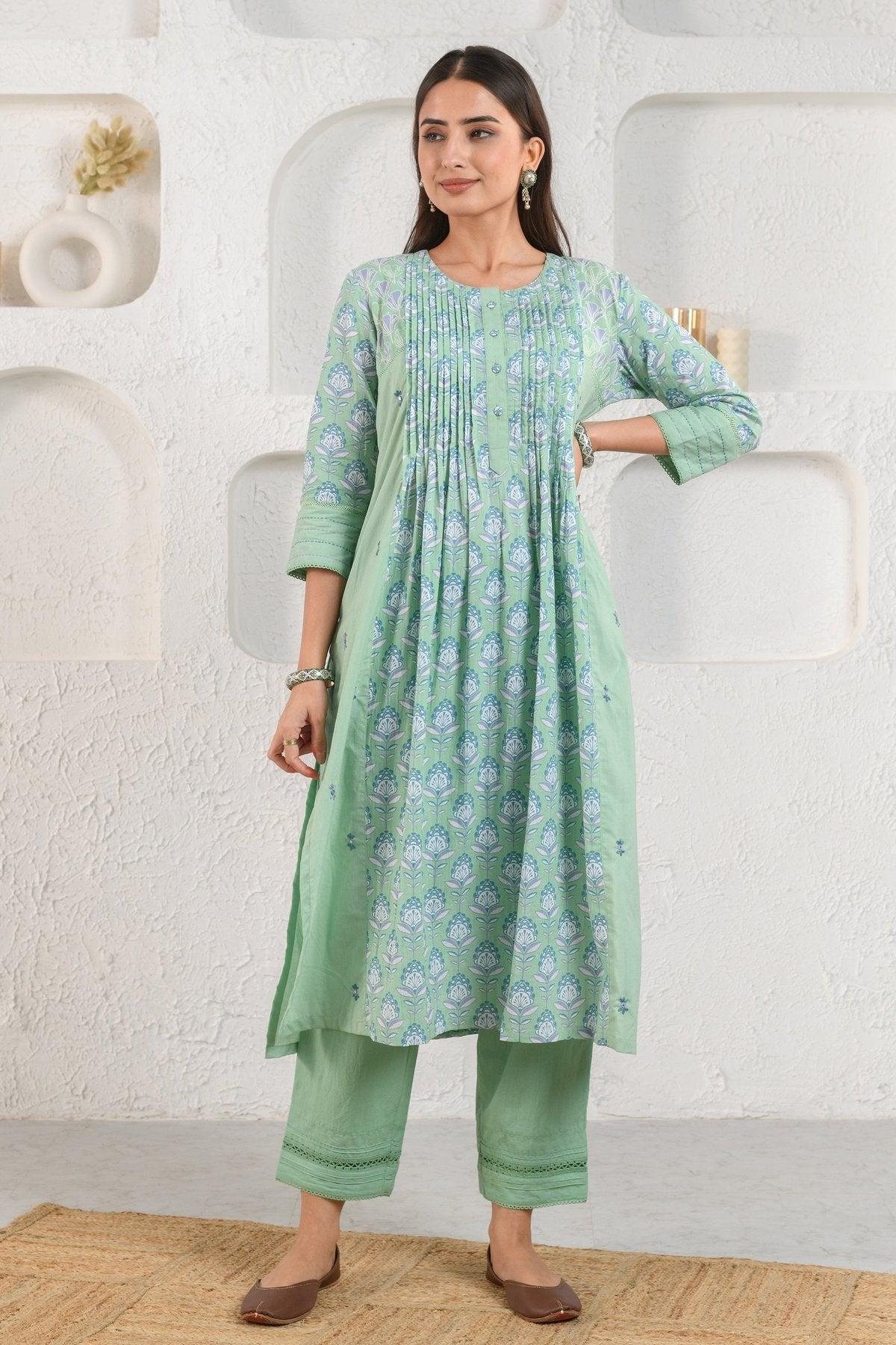 green embroidered pleated kurta