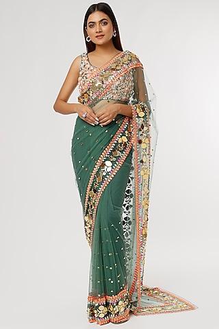 green embroidered pre-stitched saree set