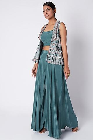 green embroidered printed bustier with pants & jacket