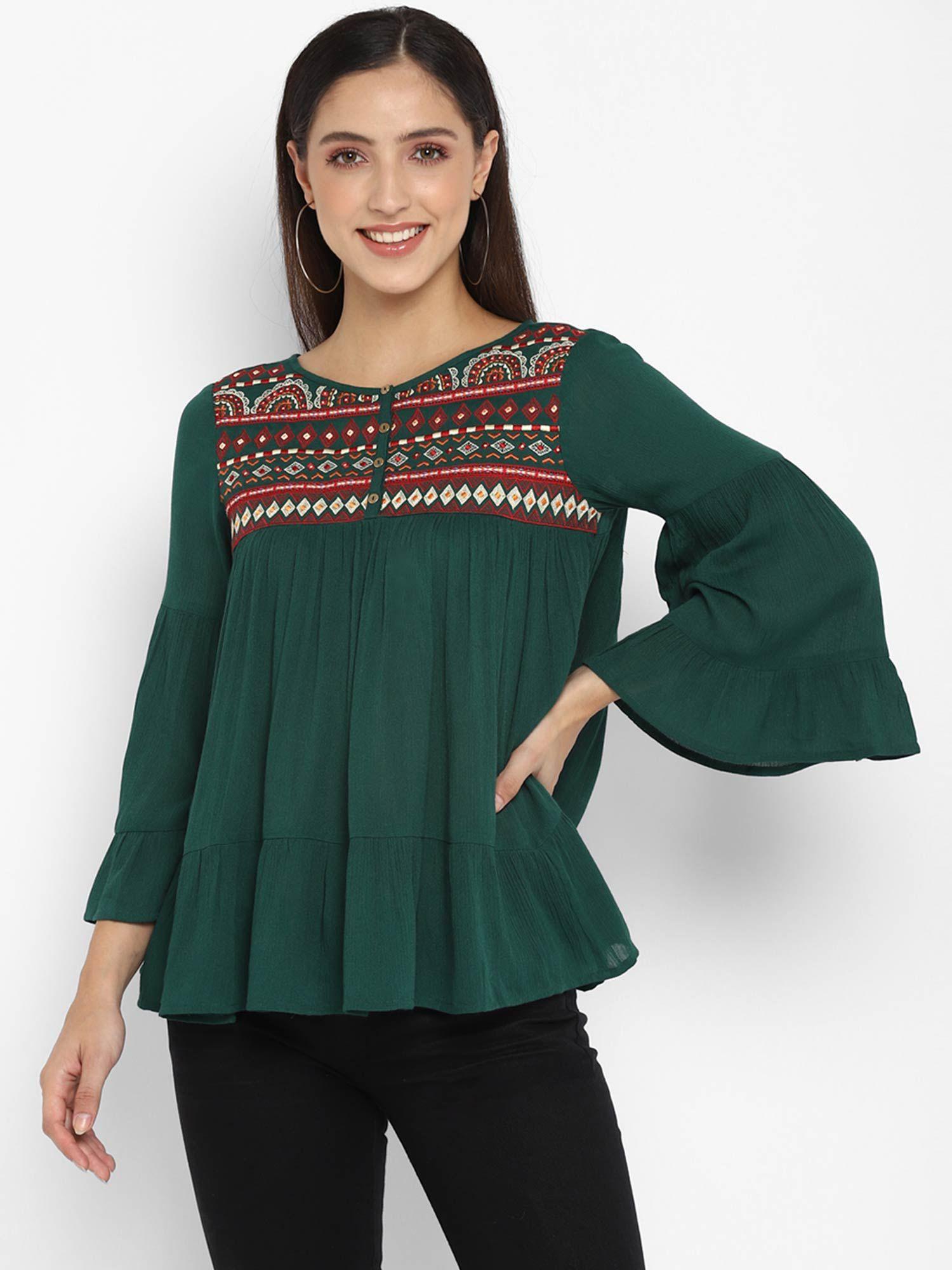 green embroidered rayon crepe top