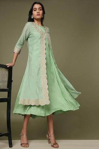 green embroidered round neck ethnic calf-length 3/4th sleeves women flared fit dress