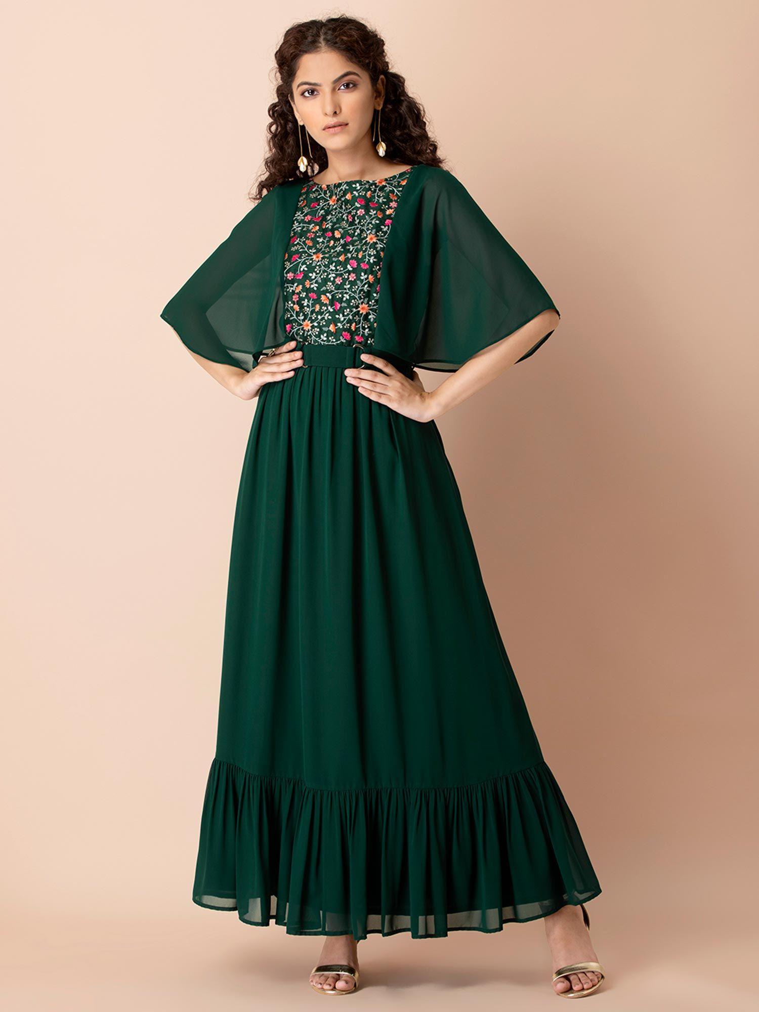 green embroidered ruffled cape dress