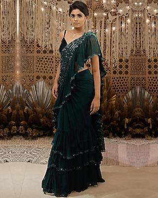 green embroidered saree set