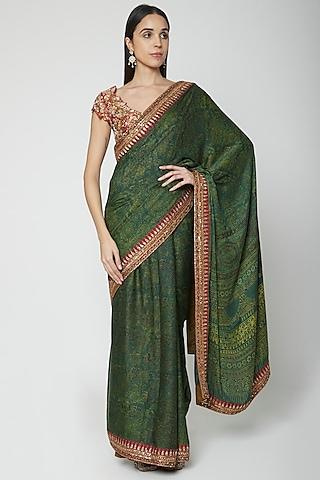 green embroidered saree set