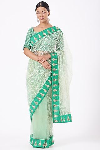 green embroidered saree set
