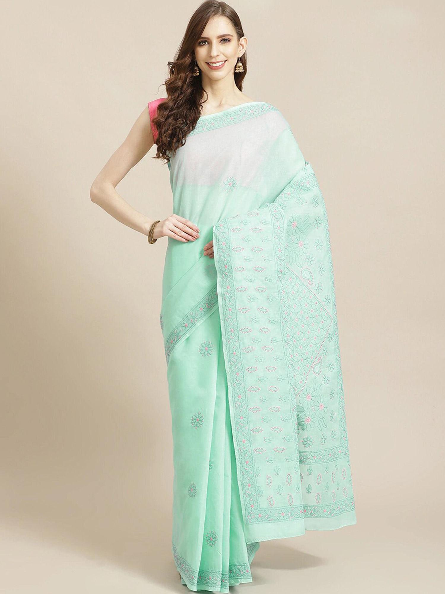 green embroidered saree with unstitched blouse (a311207)