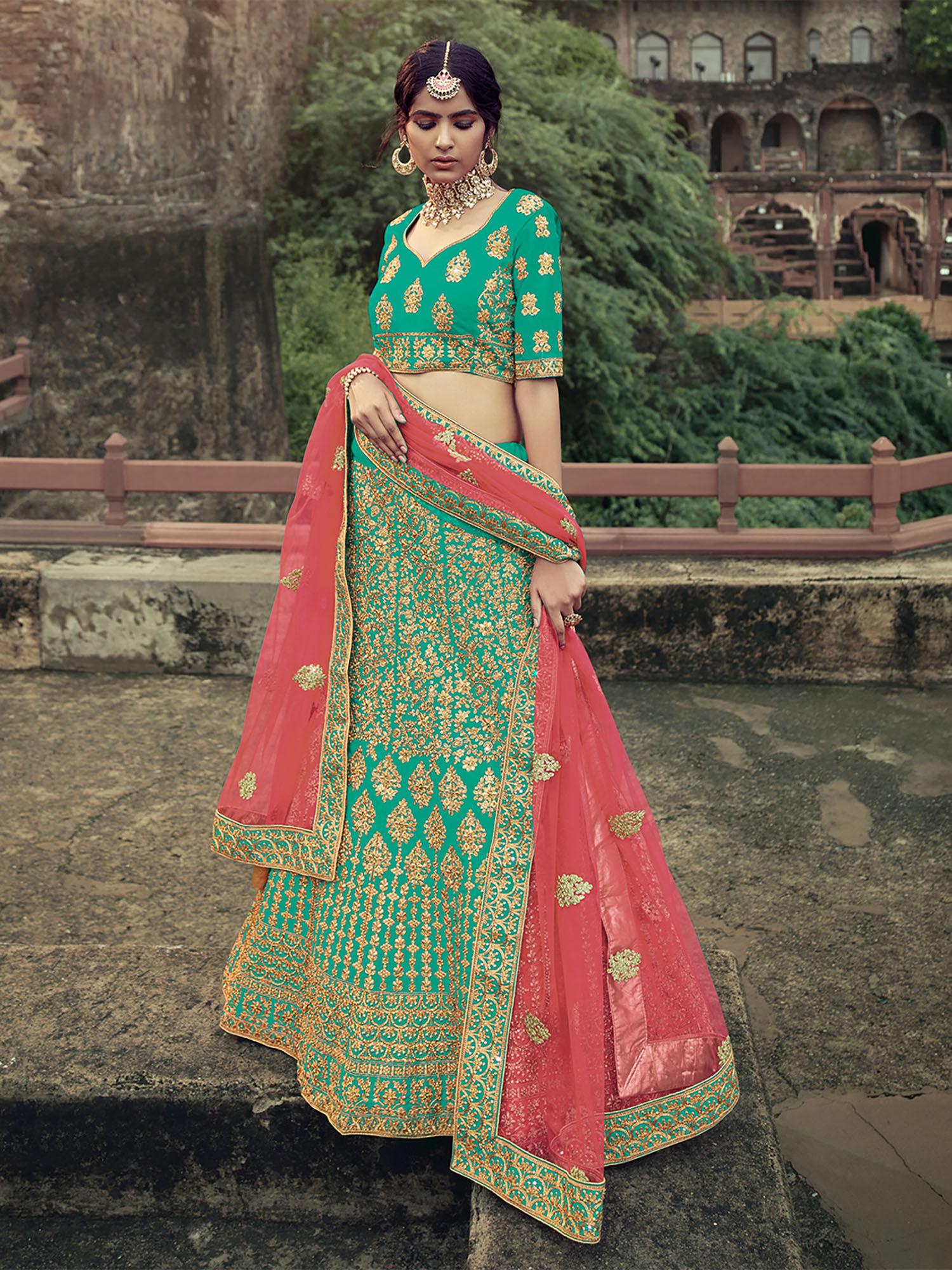 green embroidered semi stitched lehenga with unstitched blouse (set of 3)