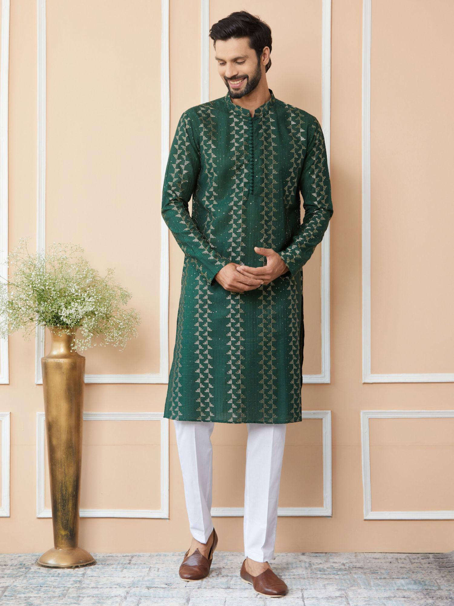 green embroidered sequinned chanderi silk kurta with pyjama (set of 2)