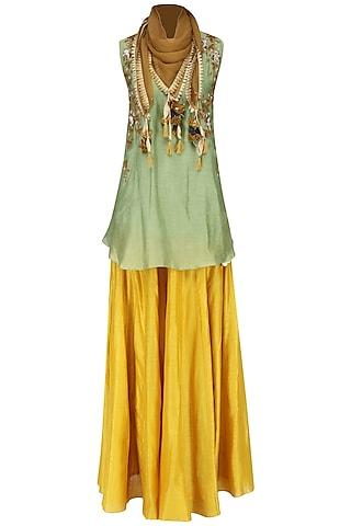 green embroidered short kurta with skirt and scarf set