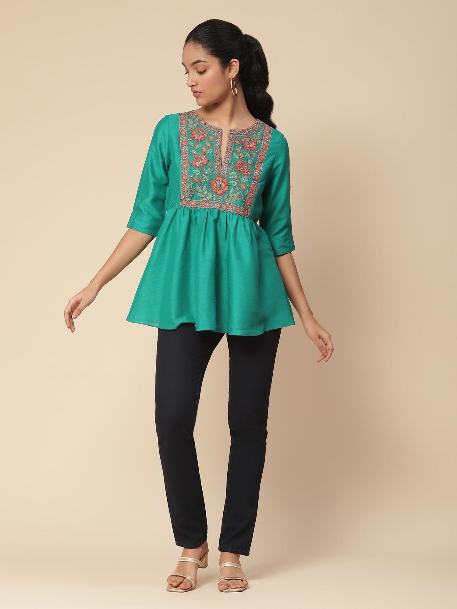 green embroidered short top