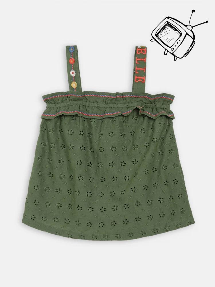 green embroidered shoulder straps top