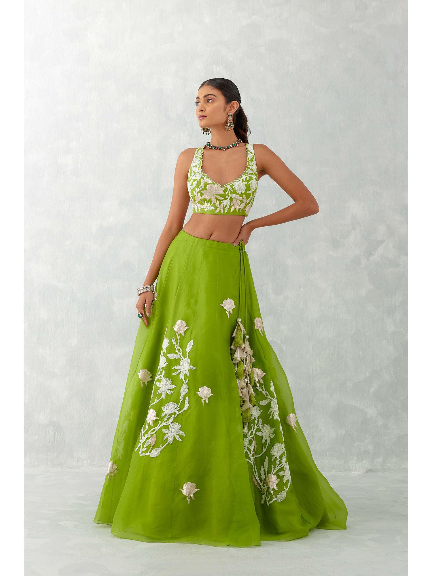 green embroidered silk organza lehenga (set of 3)