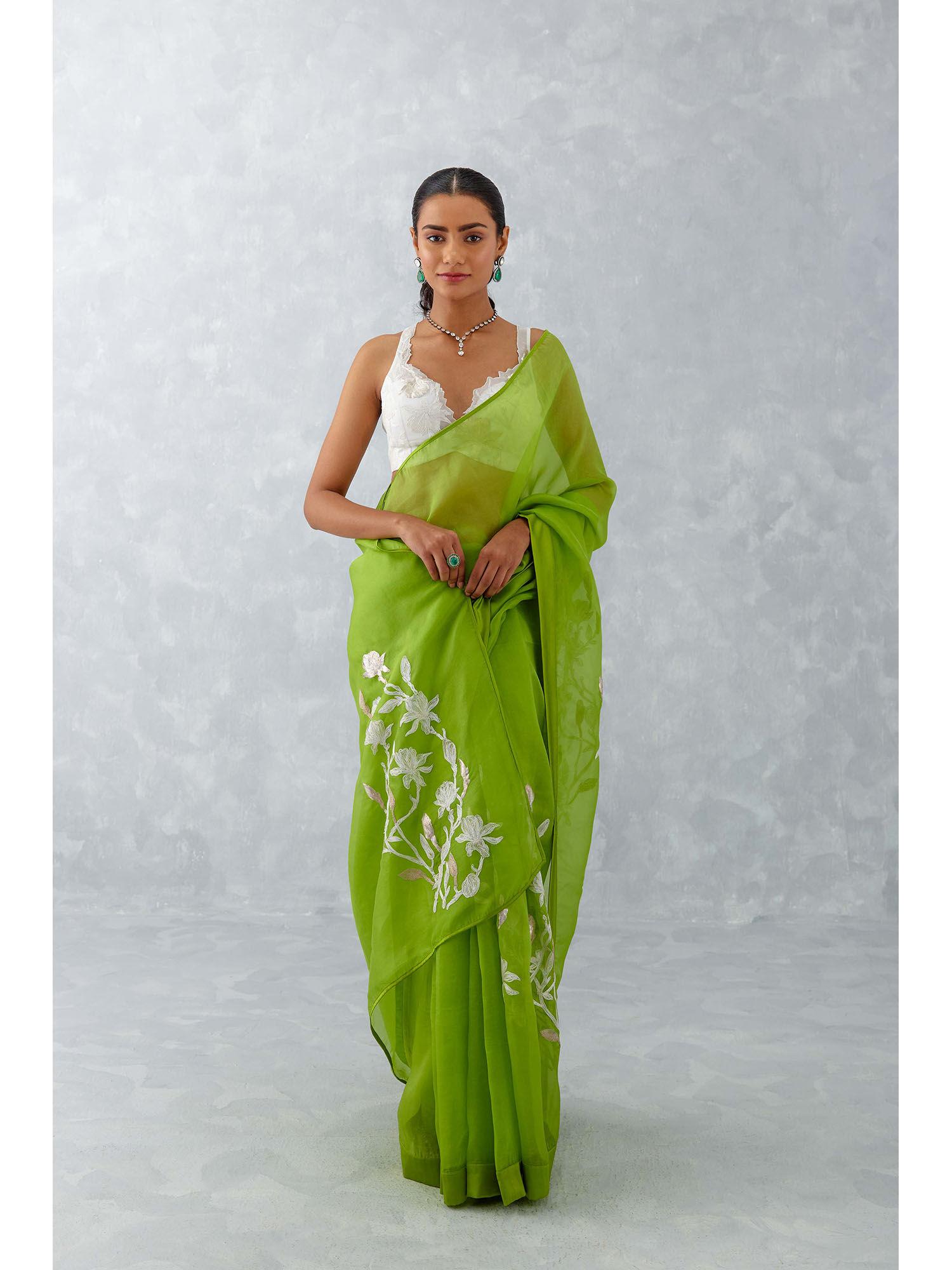 green embroidered silk organza saree with stitched blouse