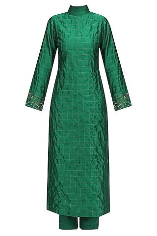 green embroidered sonjaal tutrle neck tunic and pants set