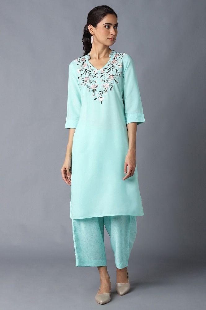 green embroidered straight kurta in boat neck with flared culottes
