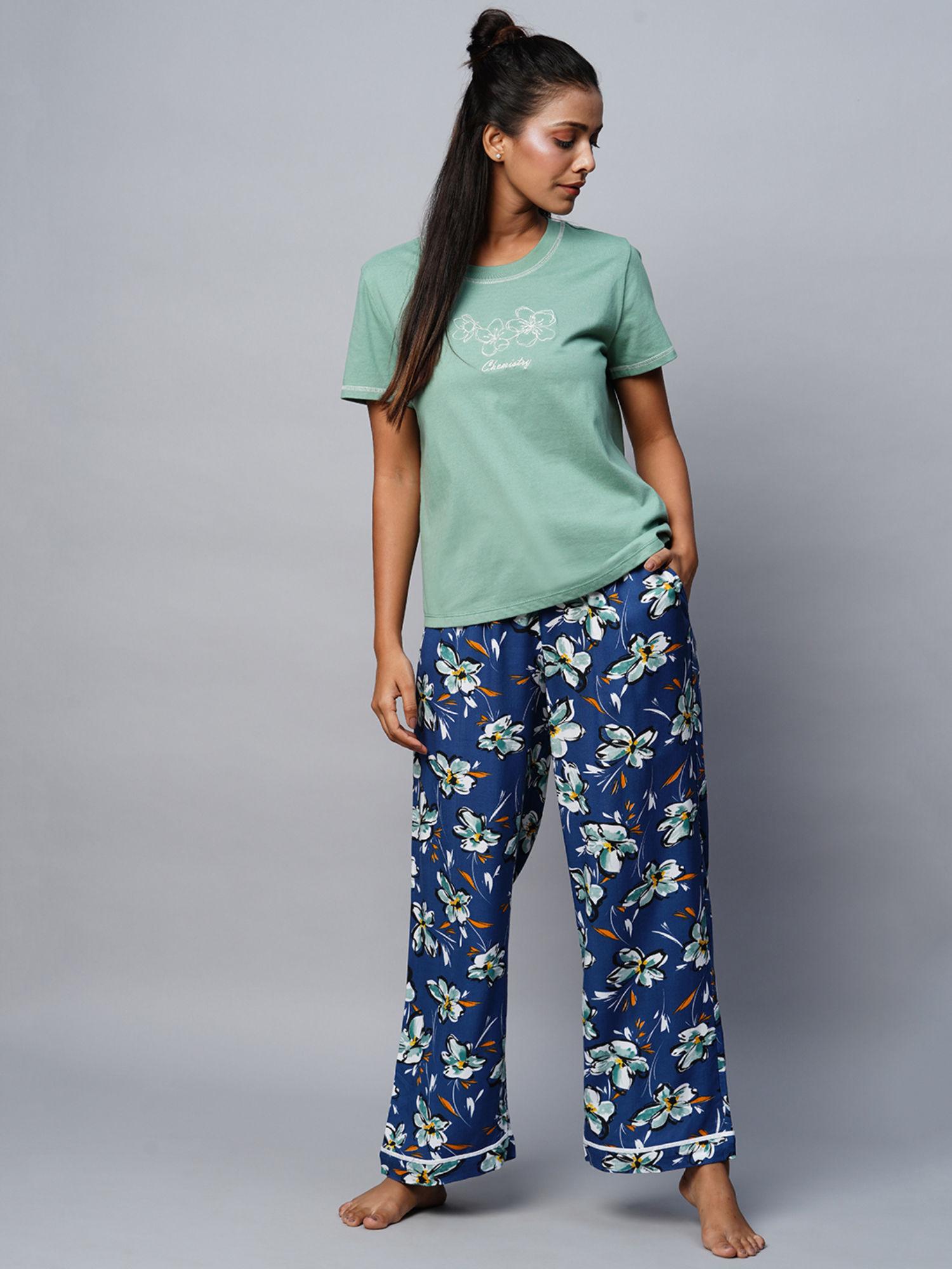 green embroidered tee & printed viscose pyjama (set of 2)