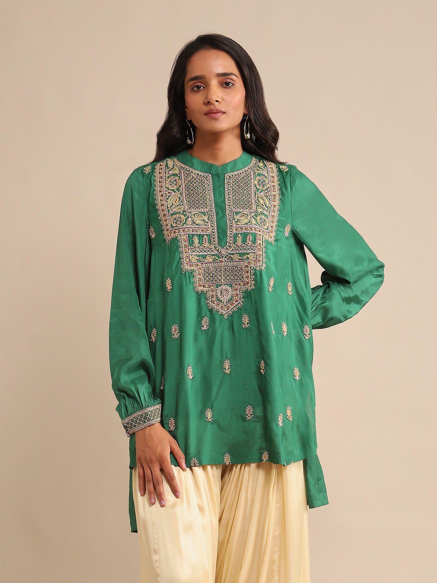 green embroidered viscose silk kurti with inner (set of 2)