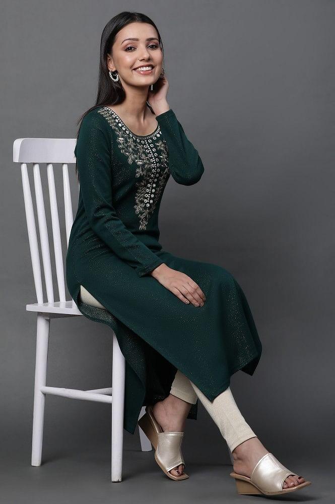 green embroidered winter kurta and tights set
