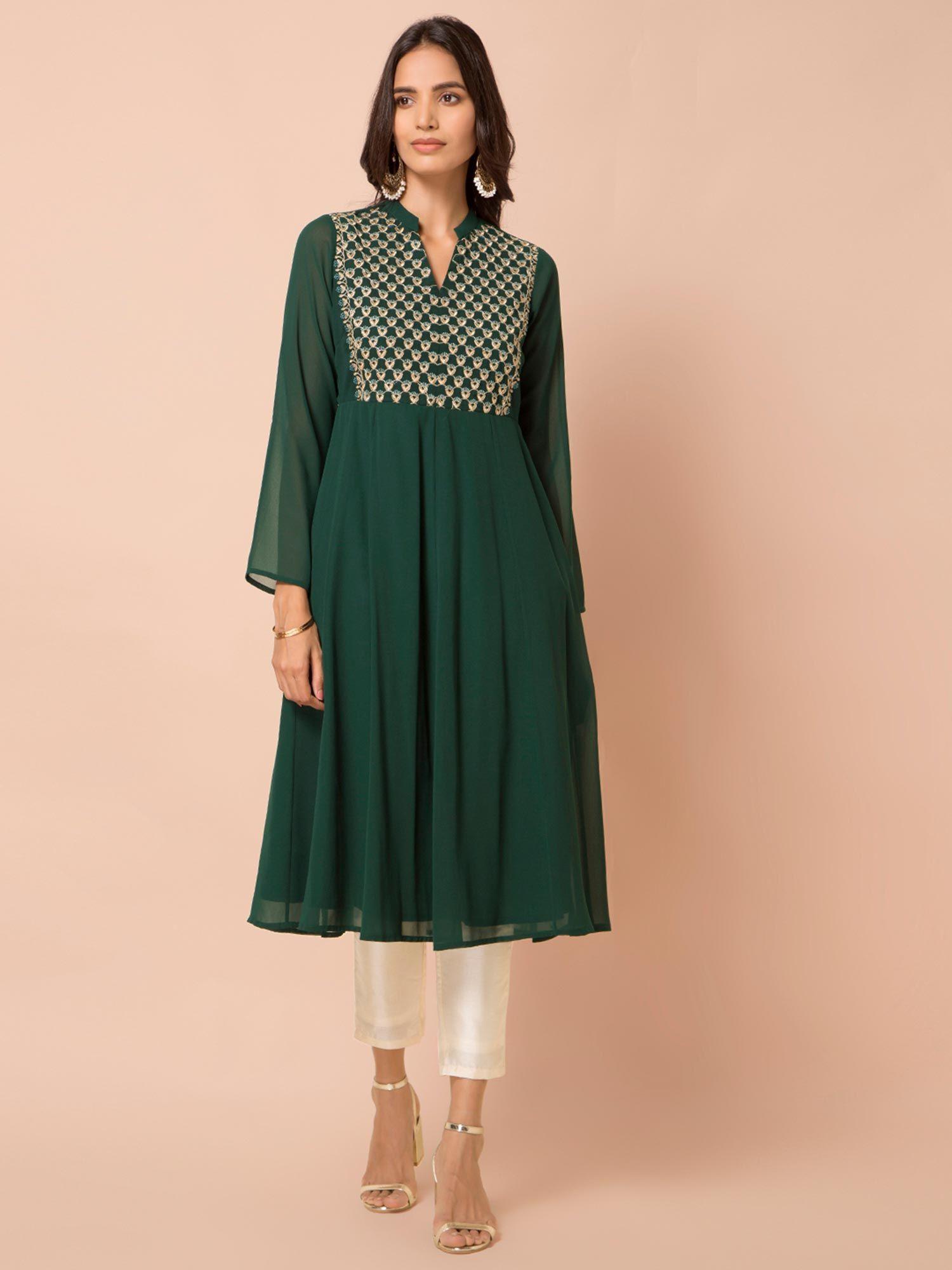 green embroidered yoke anarkali tunic