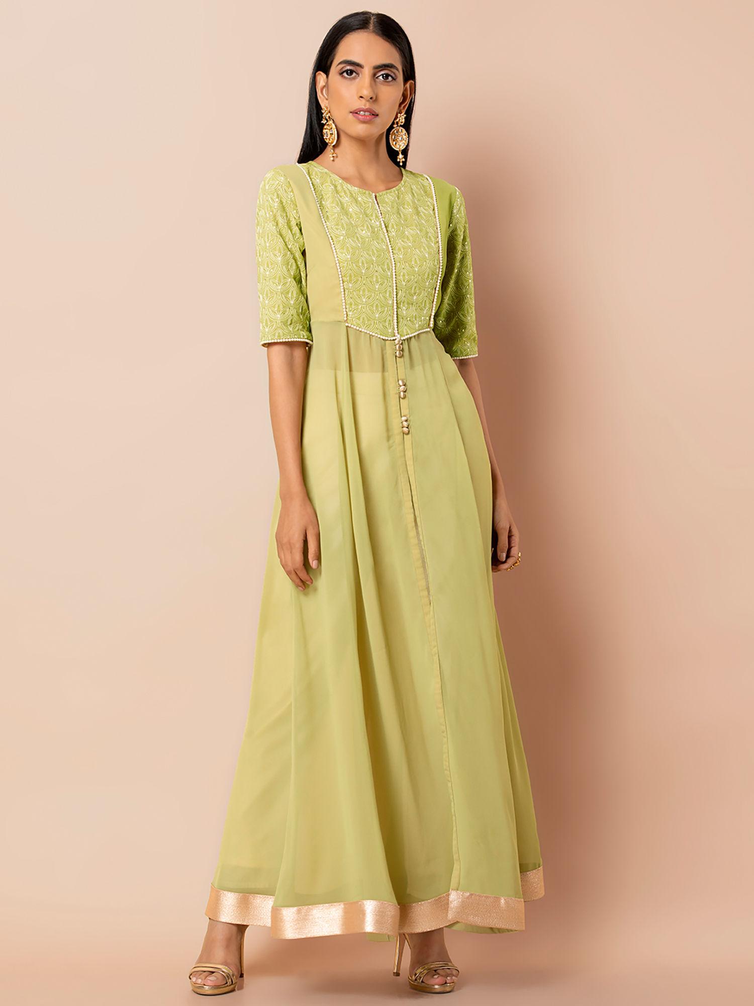 green embroidered yoke front slit tunic