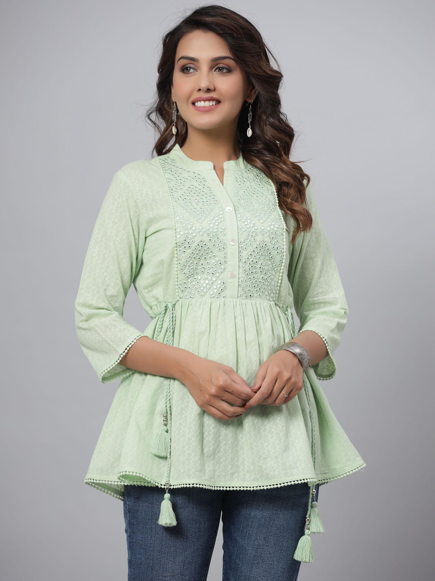 green ethnic motif printed cotton dobby tunic with mirror work embroidery