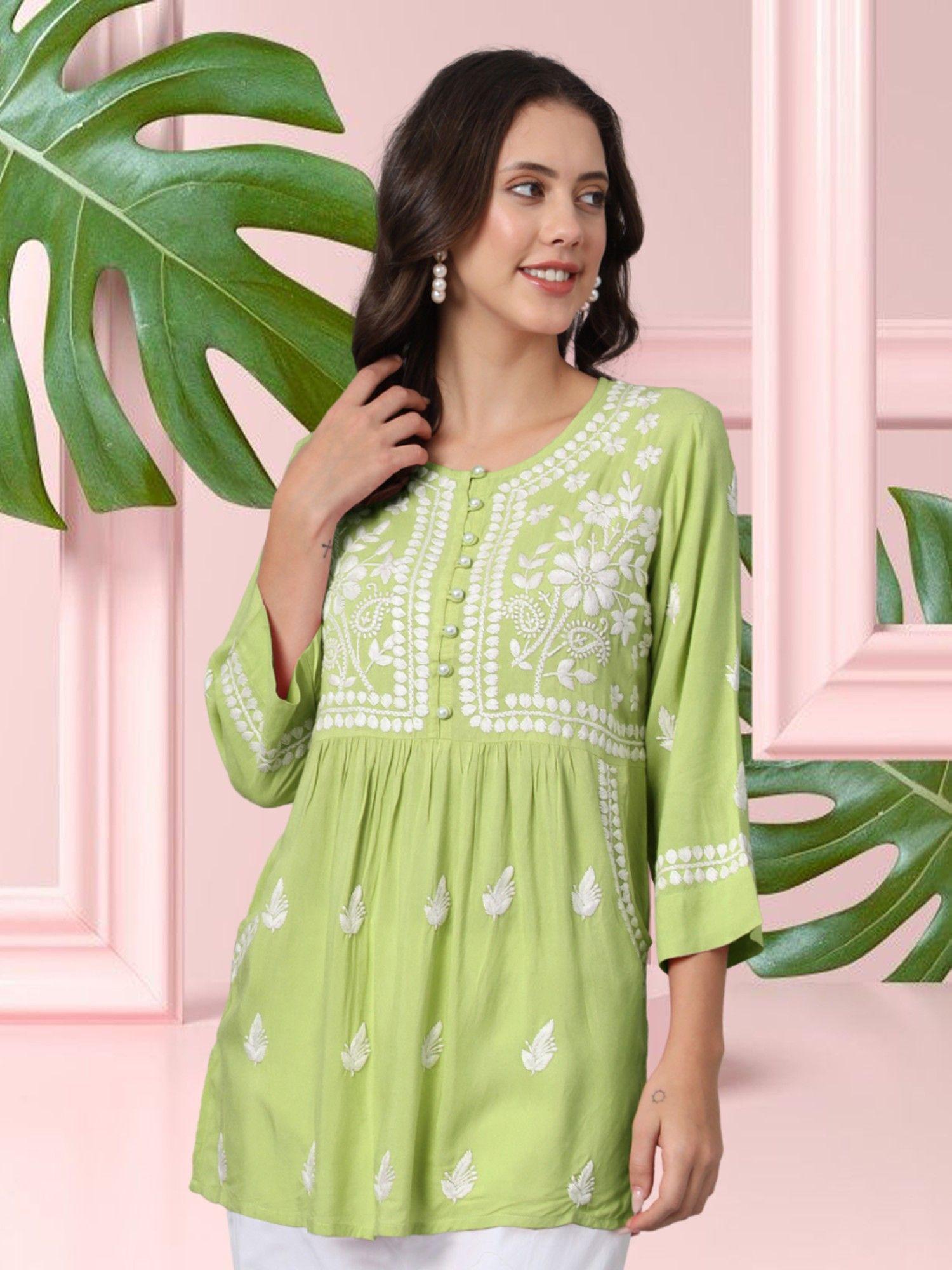 green ethnic motifs embroidered lucknowi chikankari kurti